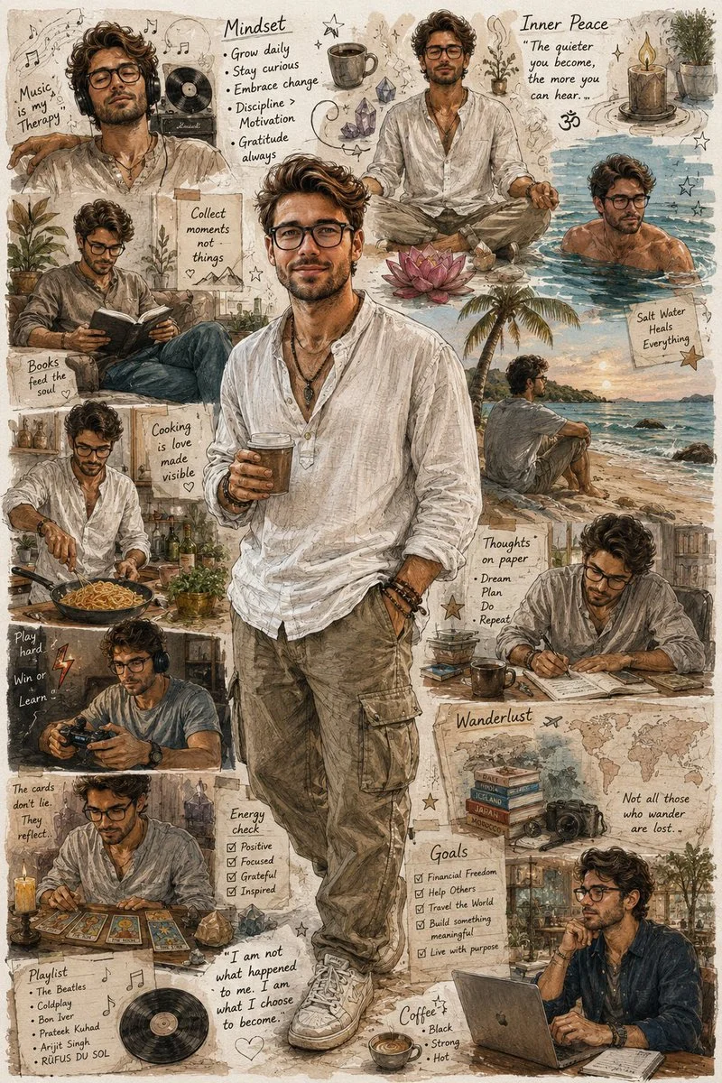 A South Asian man's eclectic life collage in bohemian ink style