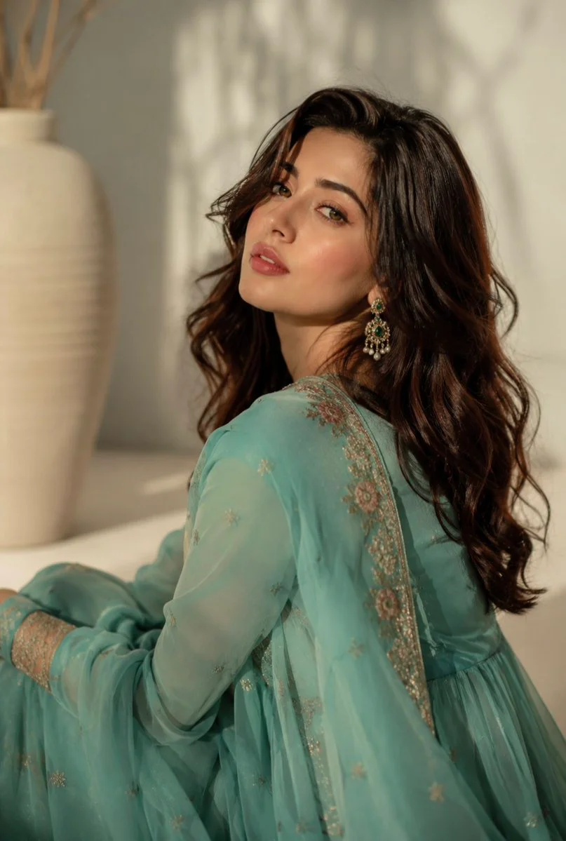 A South Asian woman in teal looks back in warm sunlight