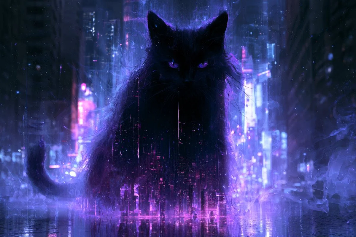 A spectral wanderer glides through neon-lit streets at midnight