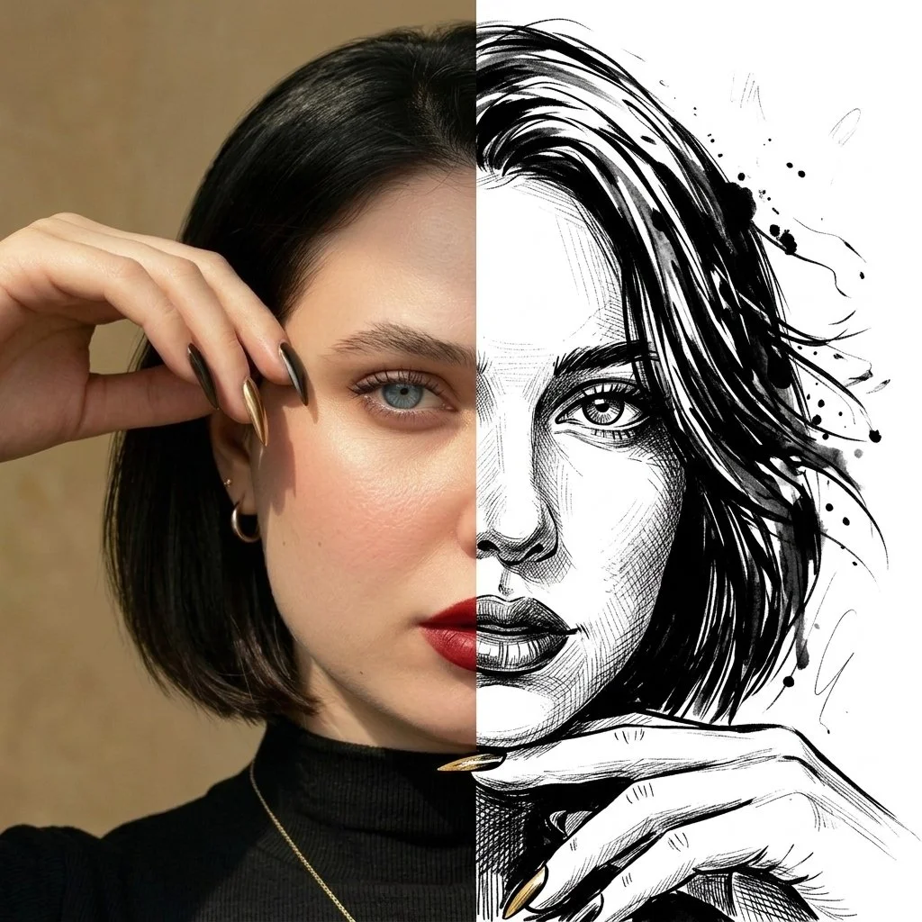 A split-face portrait blends realistic photo with ink illustration