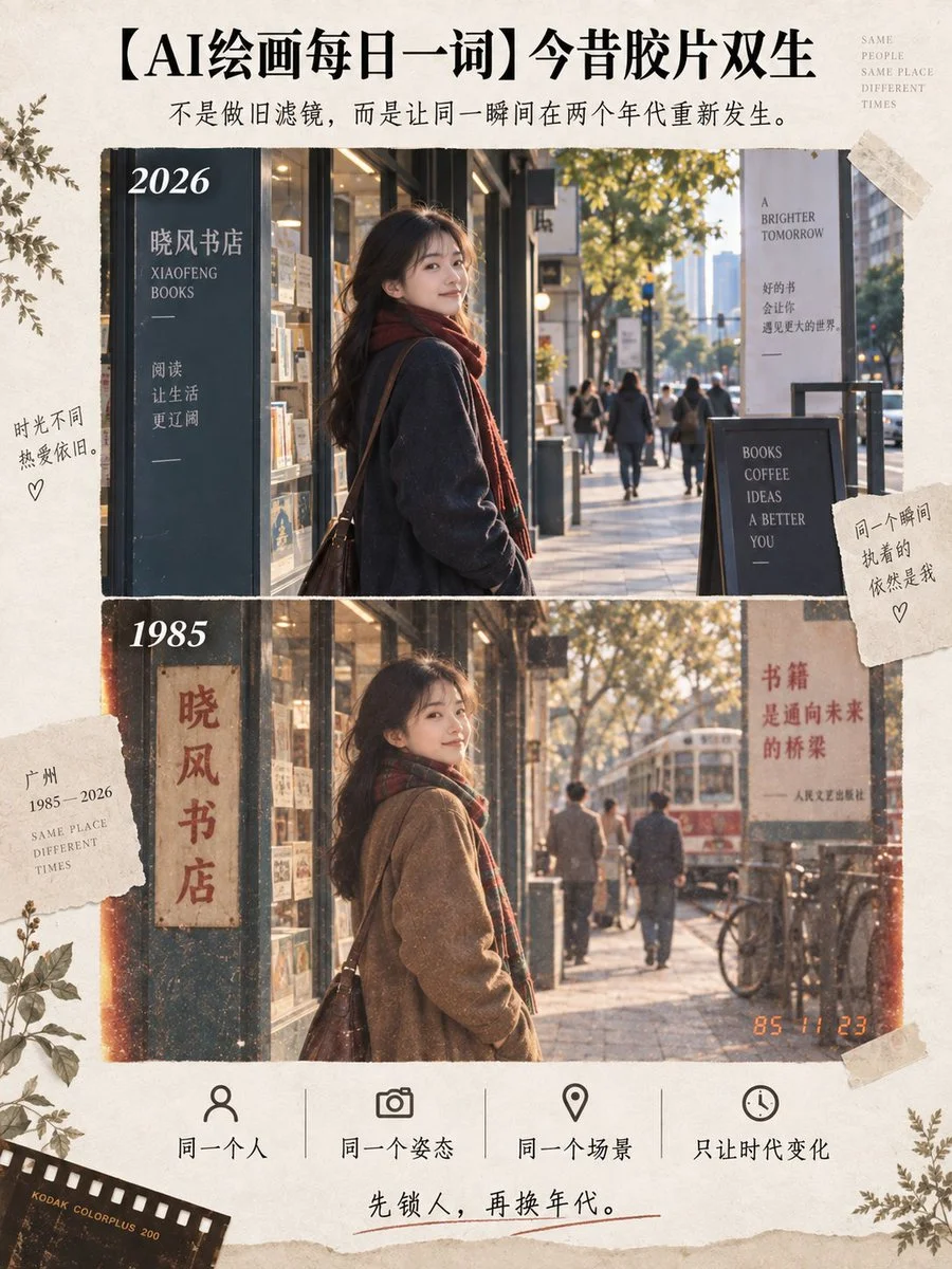 A split-screen portrait bridges 2026 and 1985 with film grain