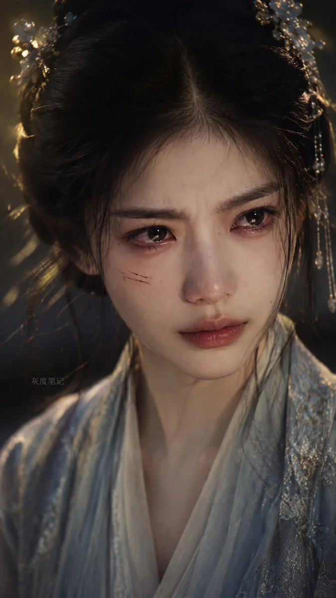 A stoic Chinese maiden's tearful eyes convey deep hatred.
