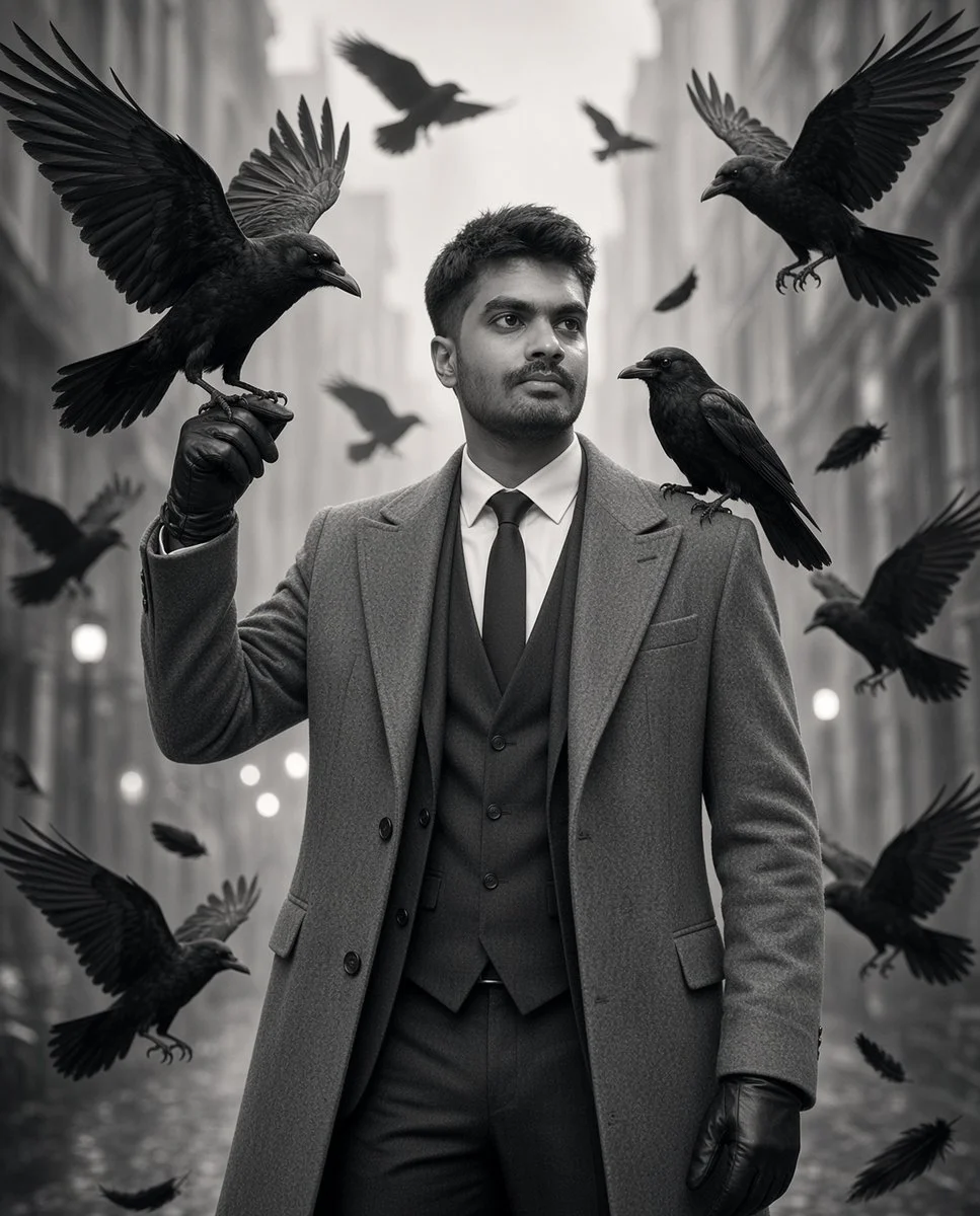 A stoic man stands as black crows land on his gloved hand and shoulder