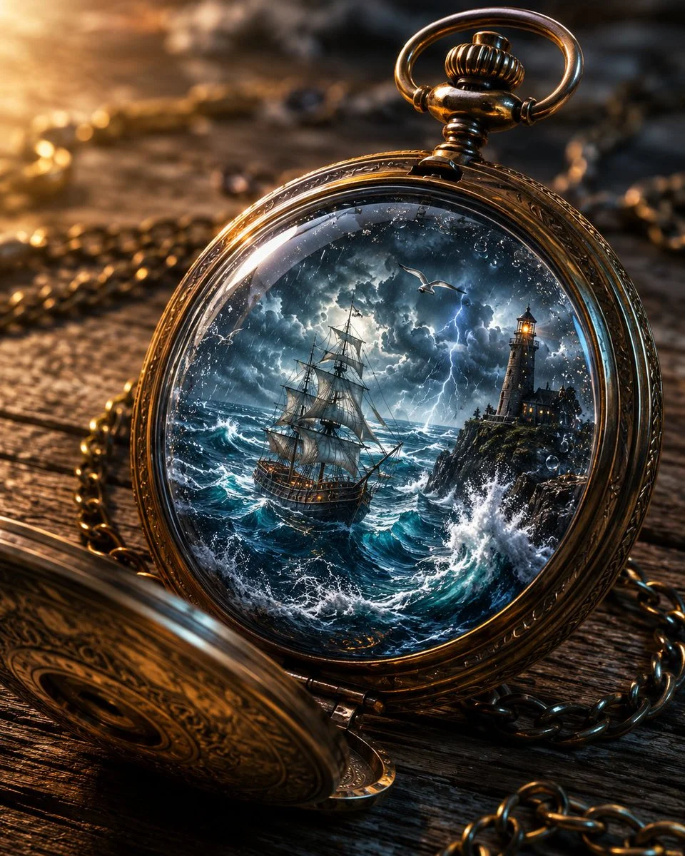 A storm rages inside an antique pocket watch on wood.