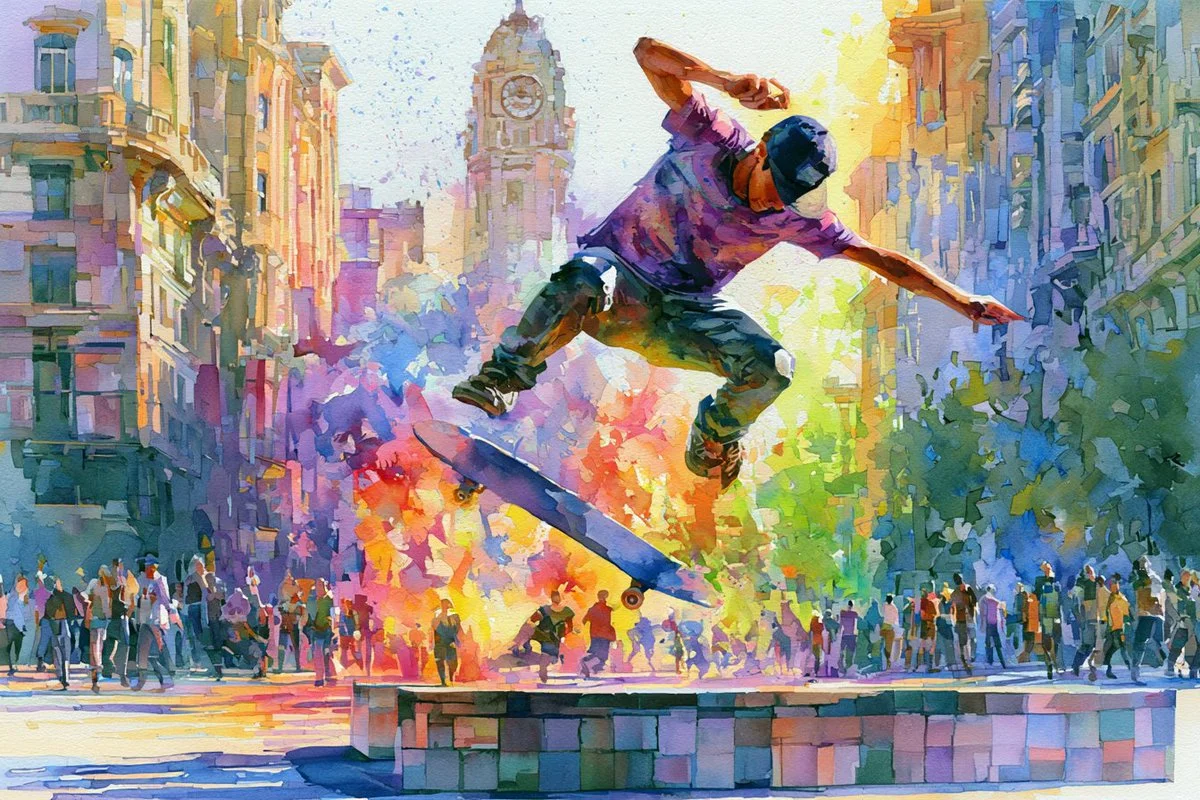 A street dancer leaps amid neon watercolor splashes in city rain