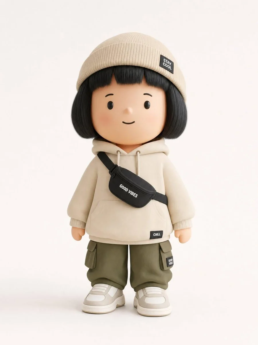 A streetwear-clad vinyl figure poses in vibrant urban style.