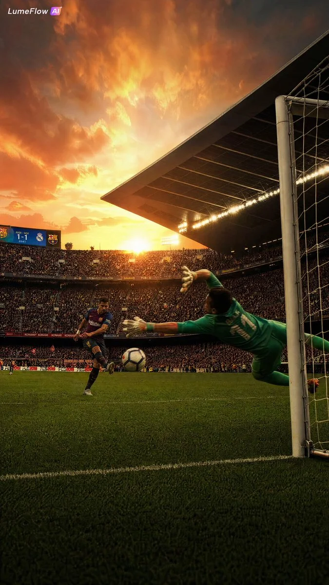 A striker leaps to score a dramatic winning goal at sunset