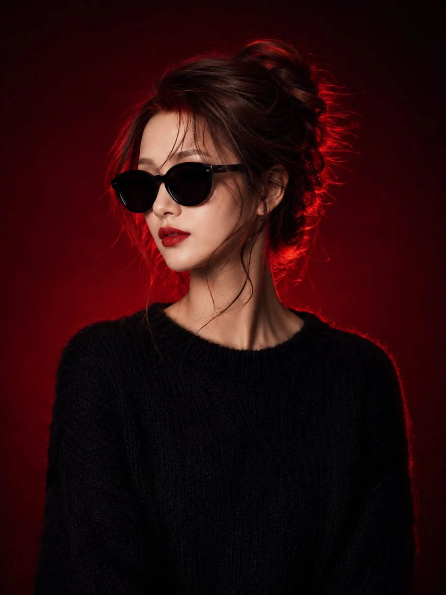 A striking woman in black knit and sunglasses with red rim light