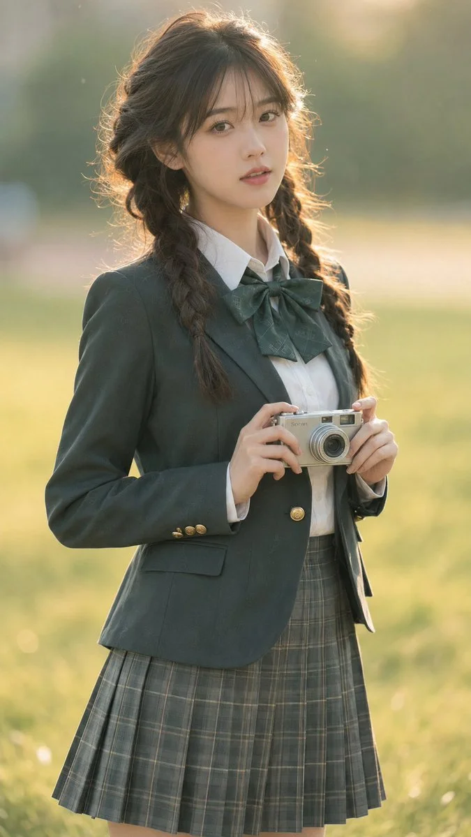 A student in green blazer holds a camera while glancing at the viewer