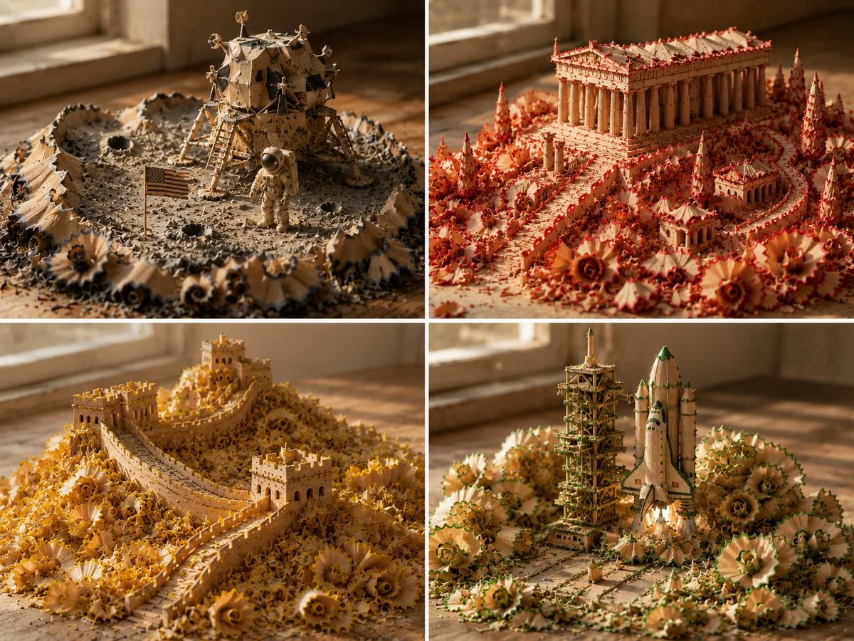 A stunning 3D forest built from green pencil shavings under warm light