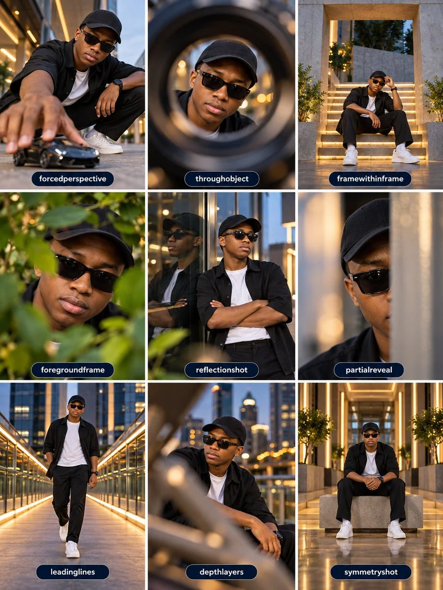 A stylish Black man poses in nine cinematic editorial frames with luxury styling