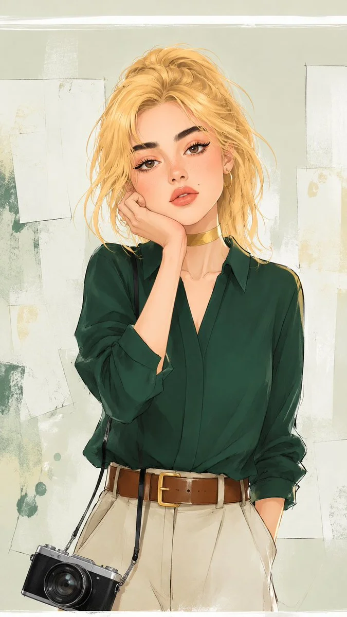 A stylish blonde woman in green blouse holds a vintage camera