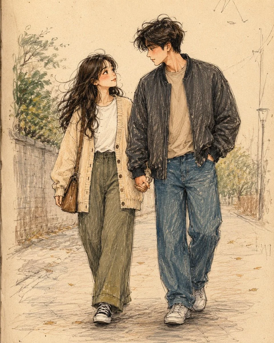 A stylish couple enjoys a peaceful walk in hand-drawn sketchbook style