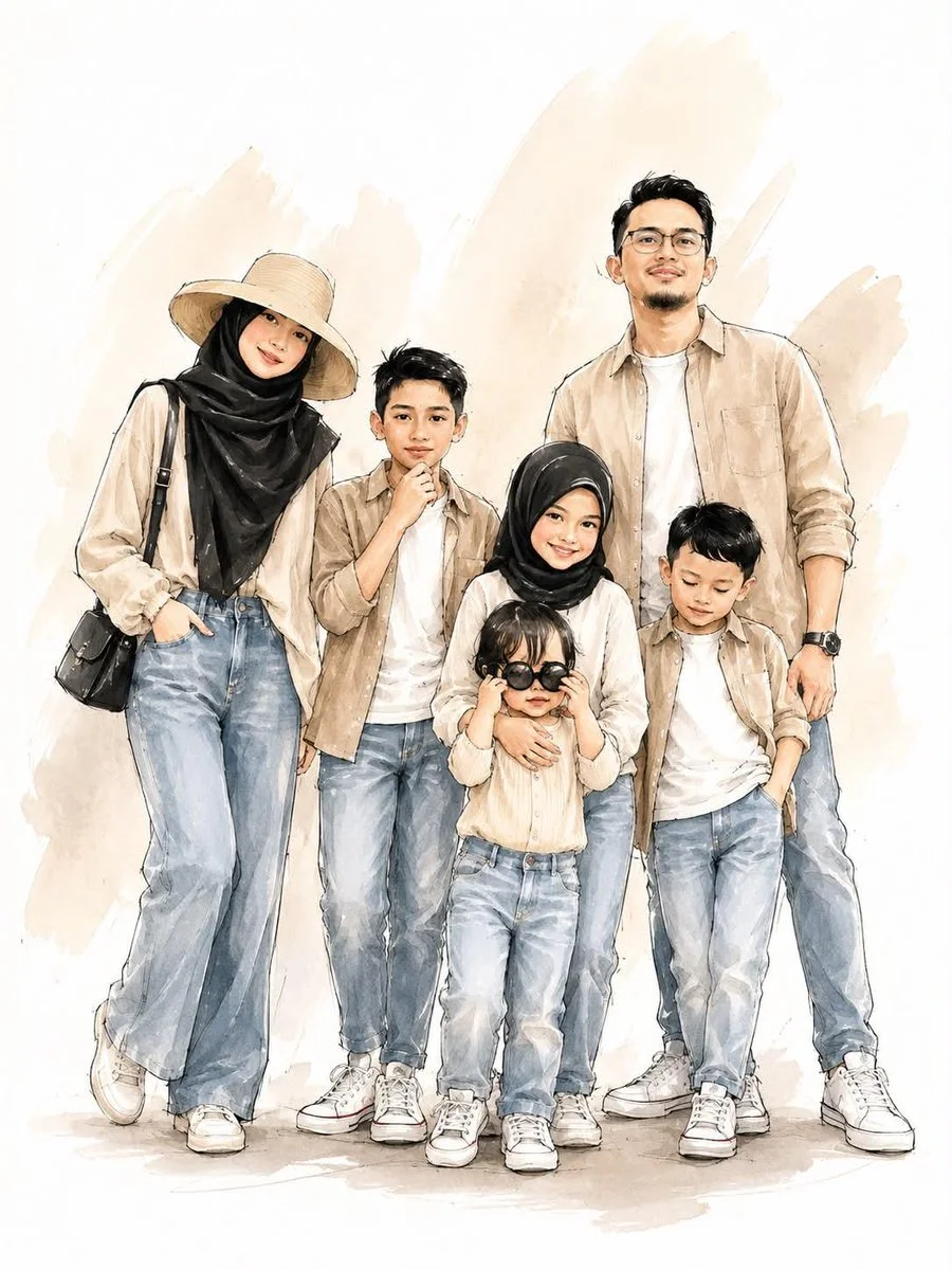 A stylish family in modern casual wear poses happily