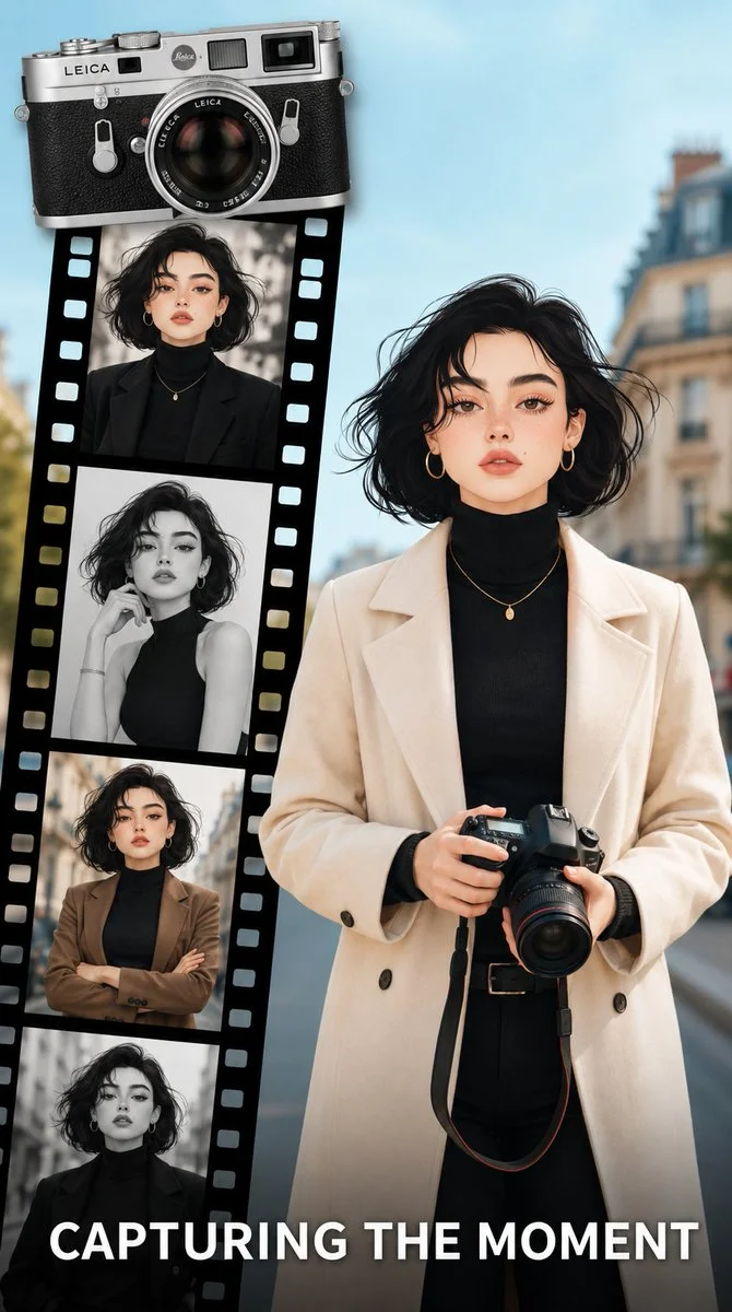 A stylish female photographer poses on a sunlit European street