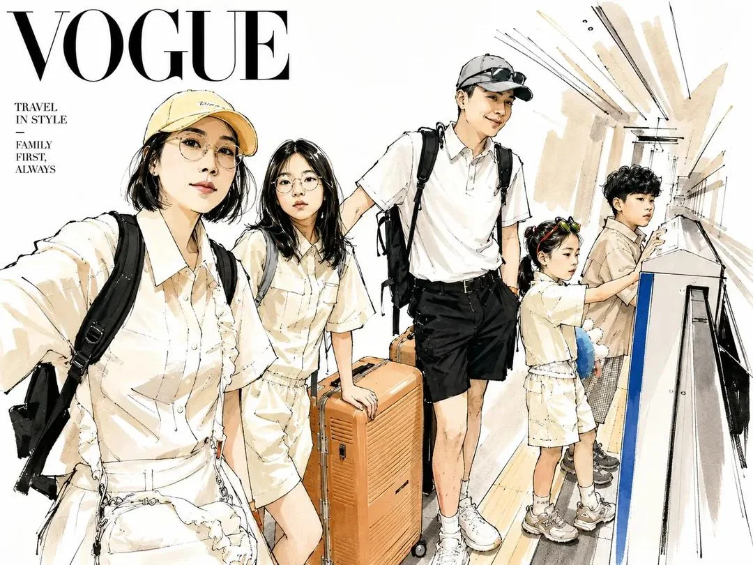 A stylish Korean family poses for a Vogue watercolor editorial
