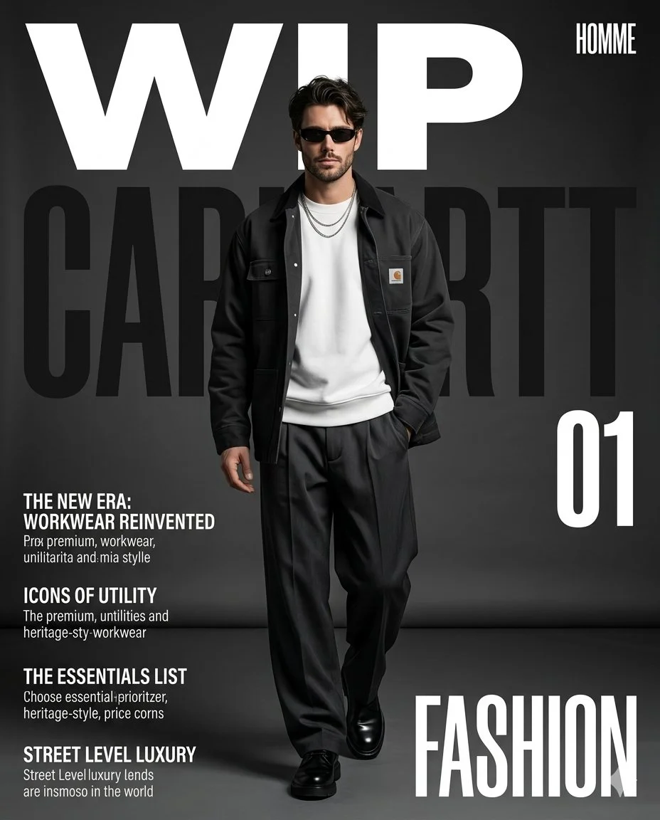 A stylish male model walks confidently in dark workwear on a studio cover.