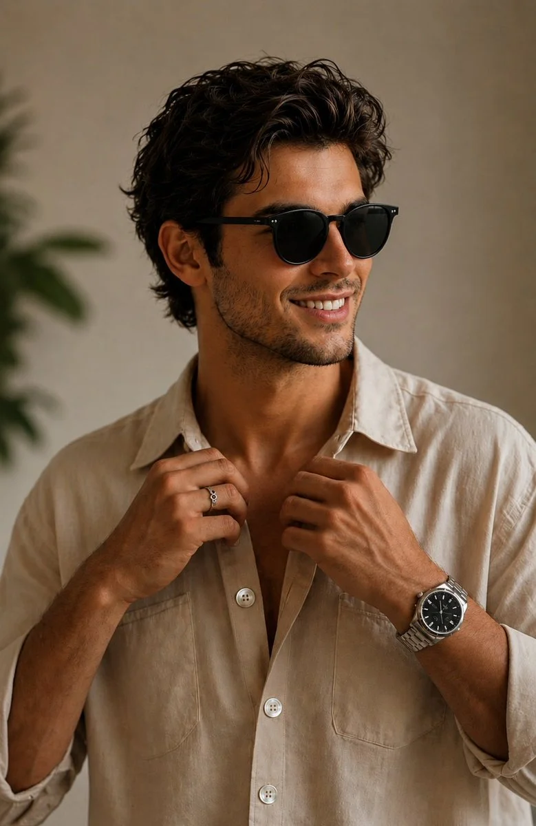A stylish man adjusts his linen shirt in soft window light