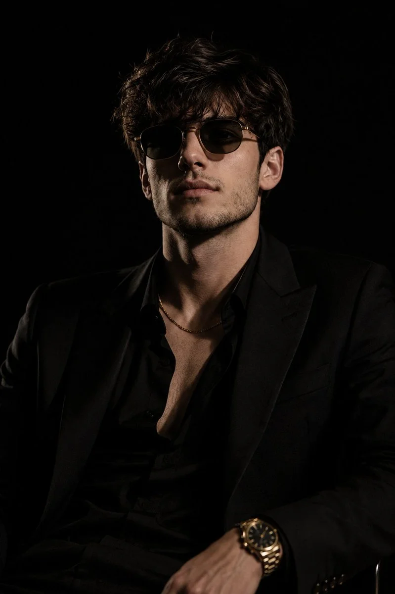 A stylish man in a black suit poses against a dark background