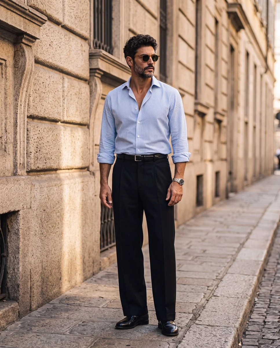 A stylish man in a blue striped shirt poses on a sunny European street
