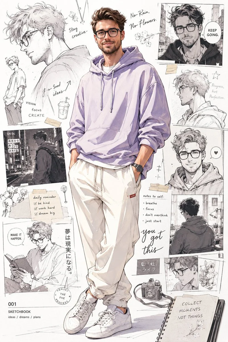 A stylish man in a lilac hoodie stands amid sketch-covered walls.