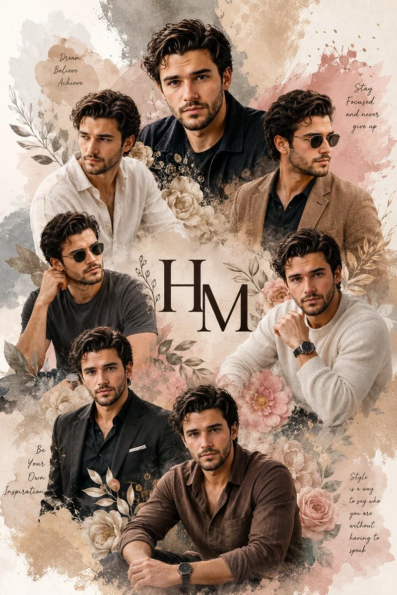 A stylish man in various outfits amidst watercolor botanicals