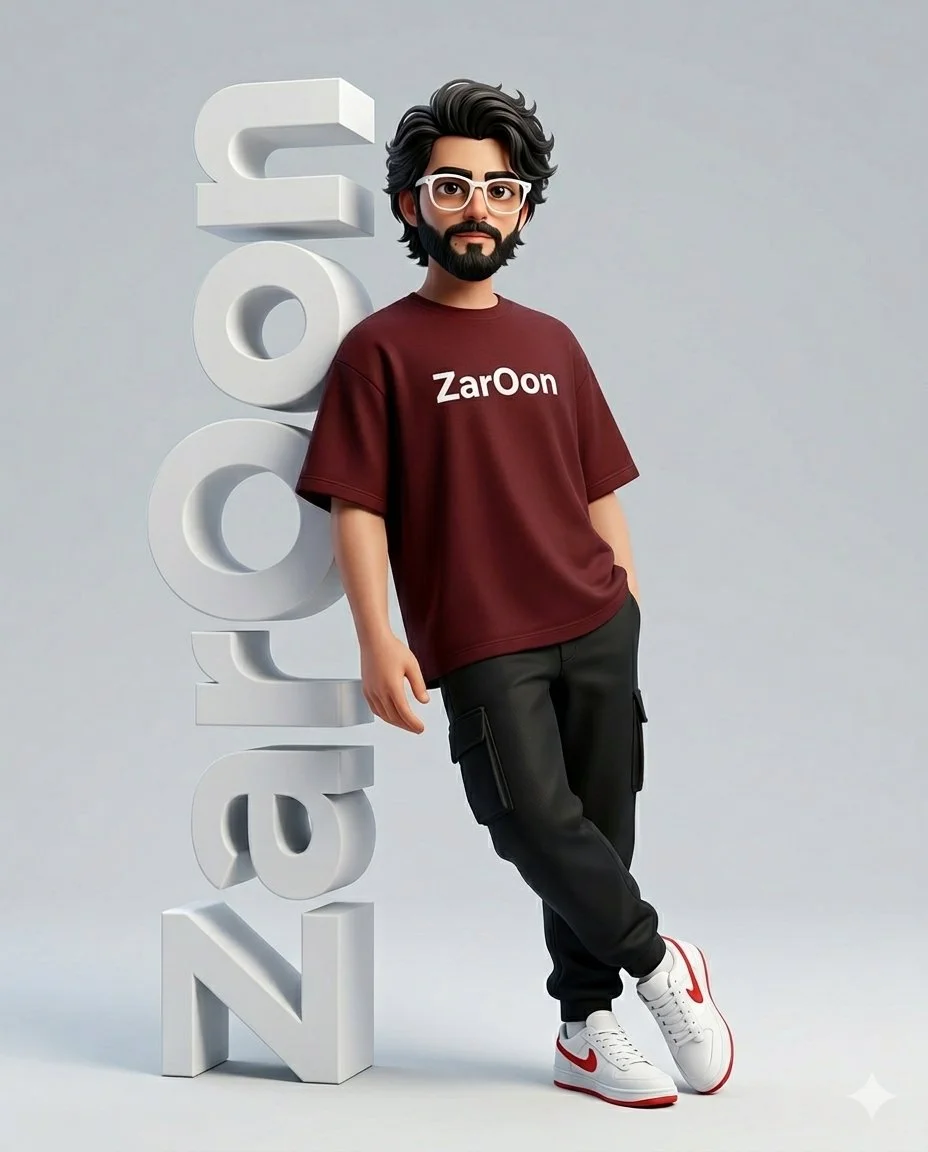 A stylish man in white glasses leans against ZarOon letters