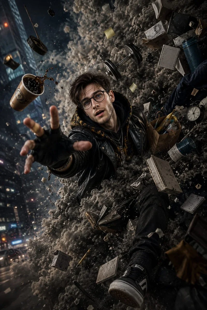 A stylish man is pulled into a vortex of debris on a neon street