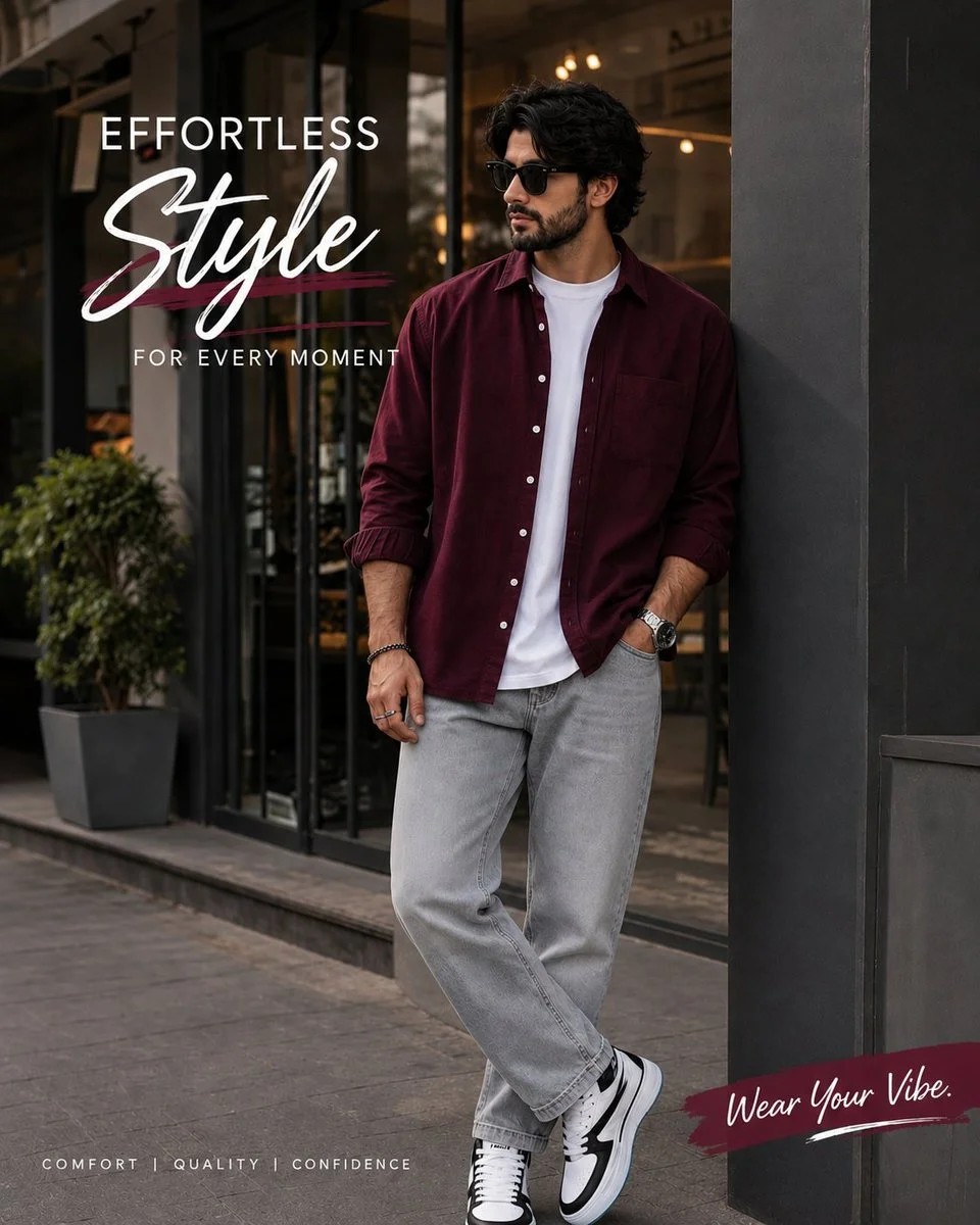 A stylish man leans against a glass storefront in warm daylight.