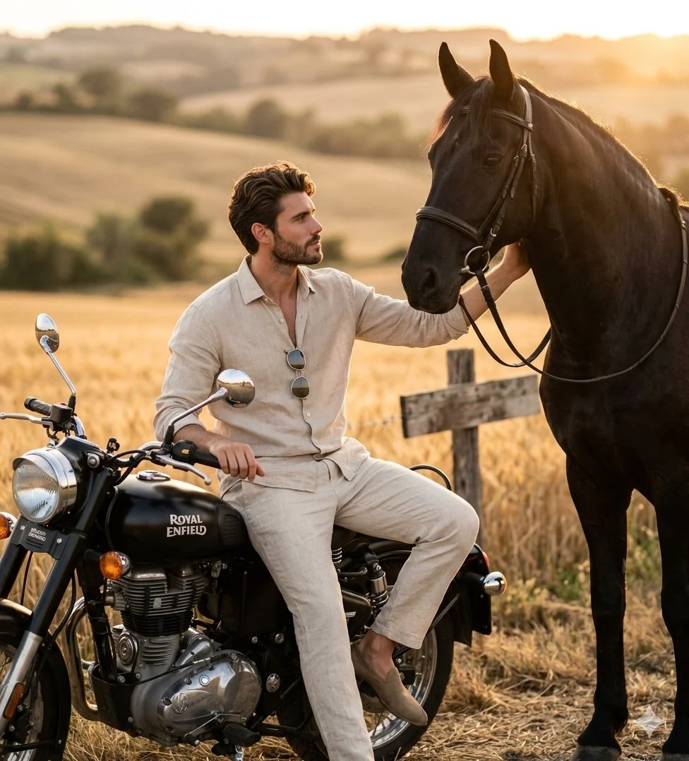 A stylish man shares a quiet moment with his horse at golden hour.