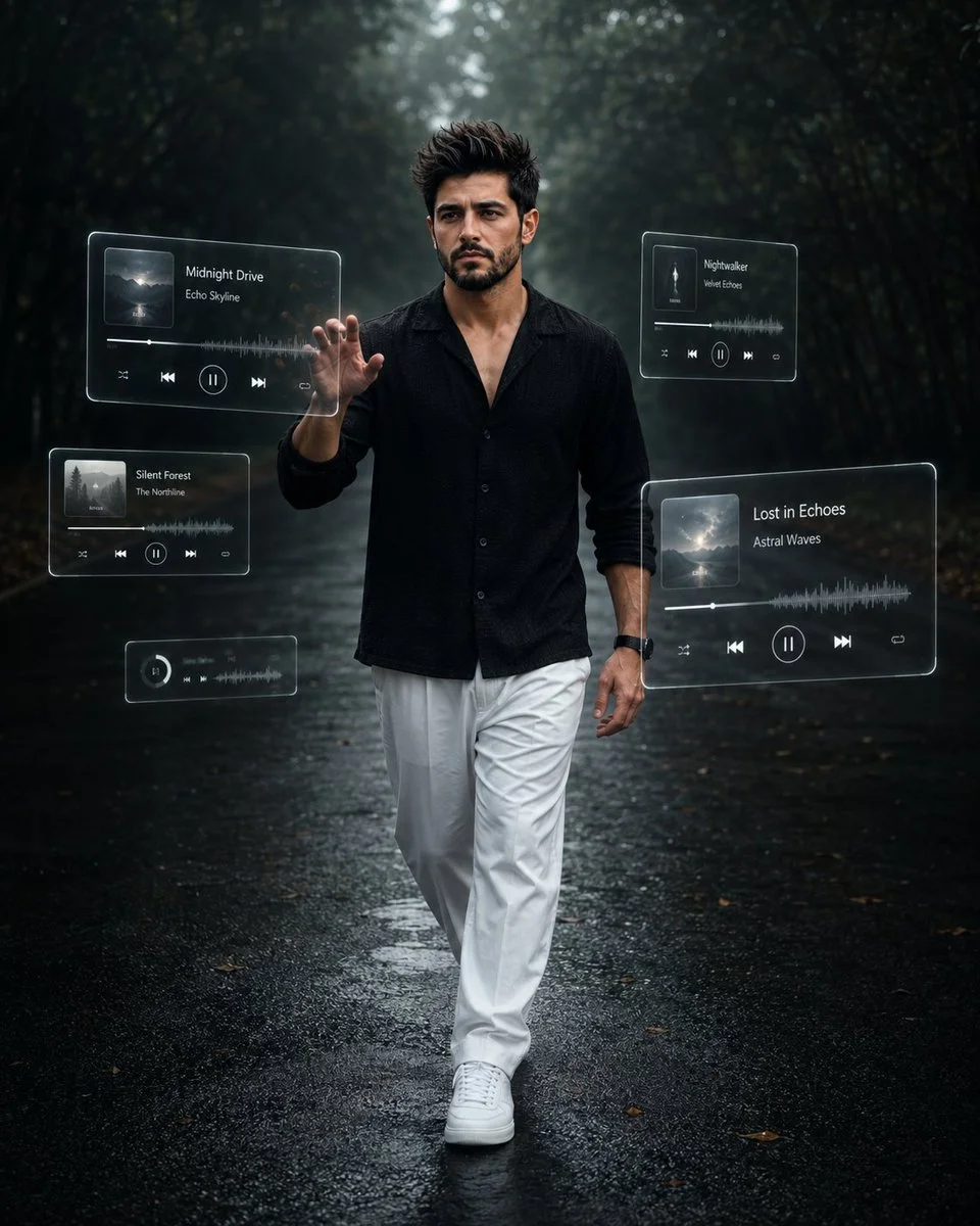 A stylish man walks through a dark forest controlling holographic music panels