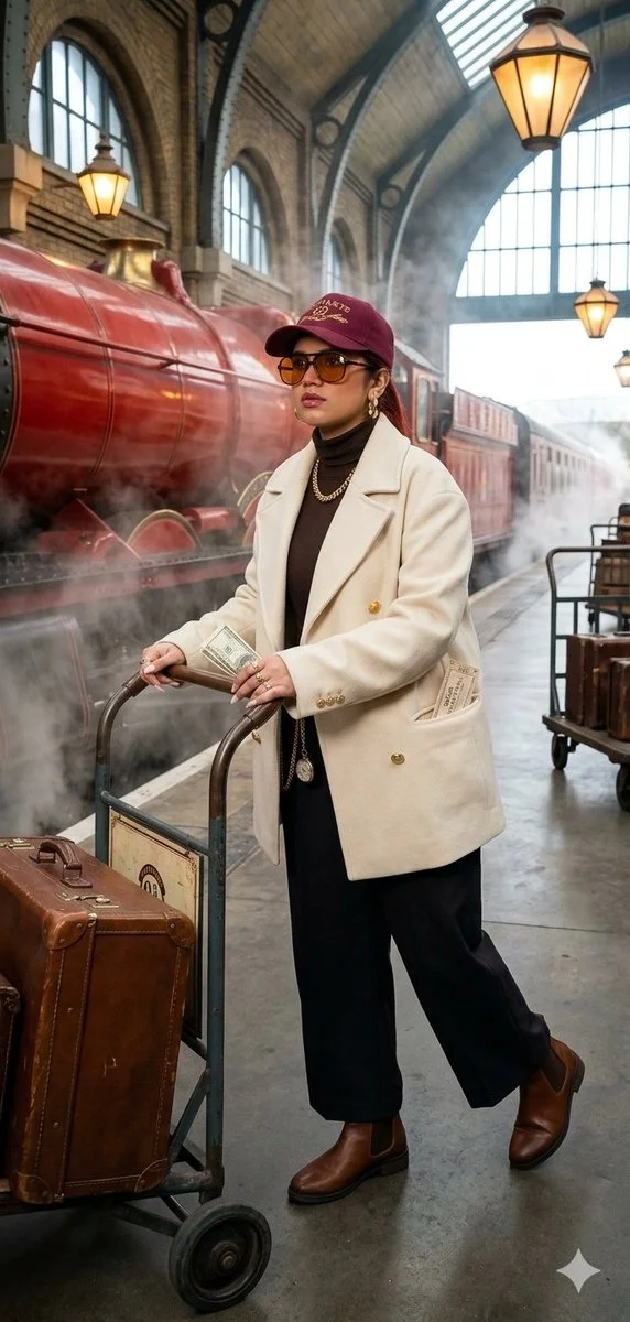 A stylish witch pushes a trolley past the Hogwarts Express