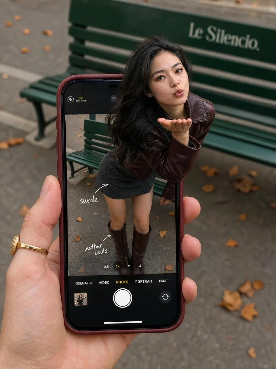 A stylish woman blows a kiss in a Parisian autumn street