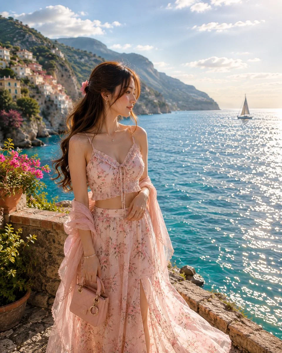 A stylish woman gazes over a turquoise Mediterranean sea at golden hour.