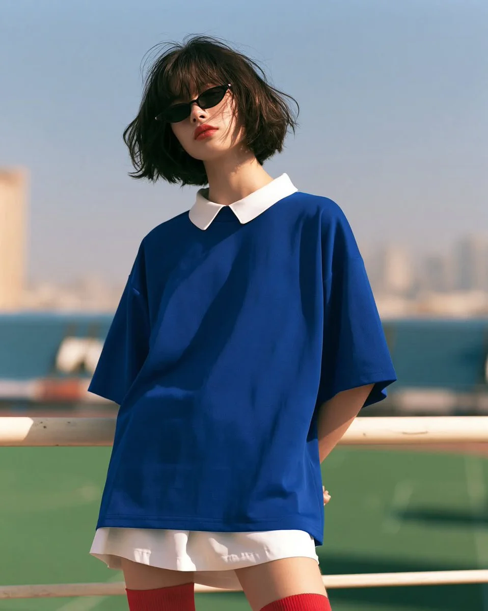 A stylish woman in a blue jersey poses at a blurred stadium edge.
