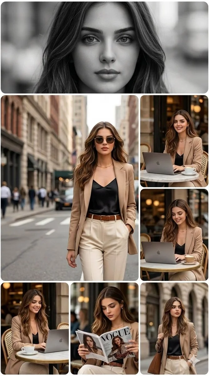 A stylish woman in a chic urban collage poses for fashion editorial