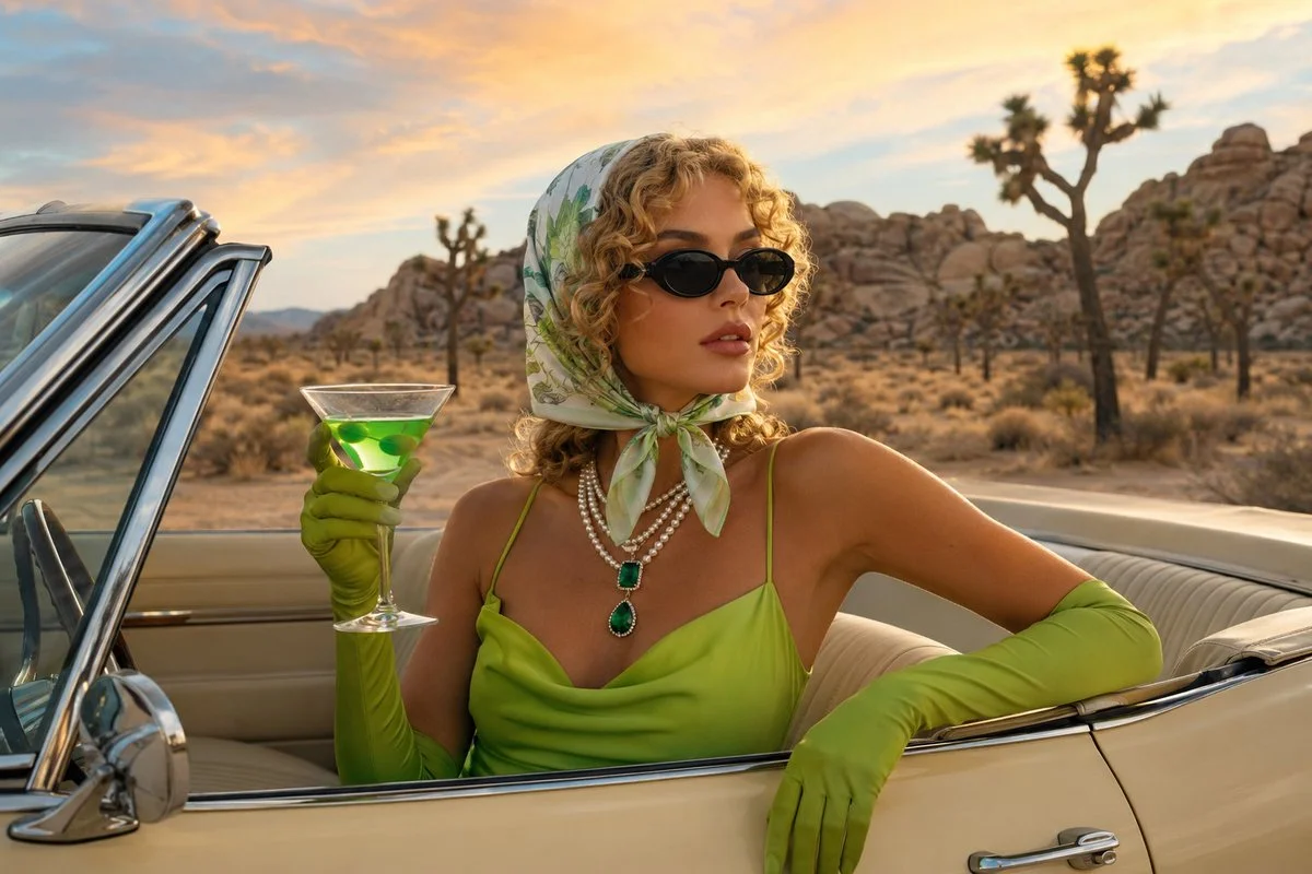 A stylish woman in a vintage convertible drinks a green cocktail at sunset