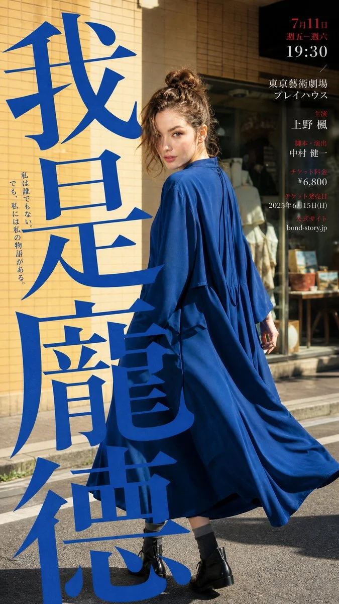 A stylish woman in blue dress turns back on Tokyo street