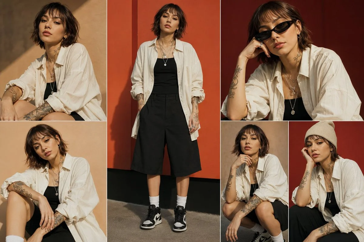A stylish woman in oversized cream shirt poses in warm orange light