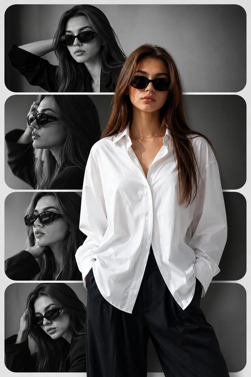 A stylish woman in sunglasses poses across stacked monochrome panels