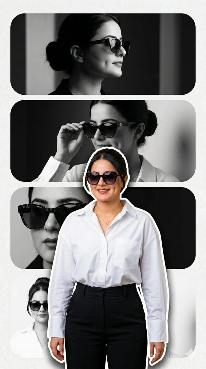 A stylish woman in sunglasses poses across stacked black and white panels