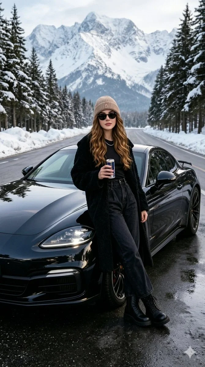 A stylish woman leans on a luxury car in a snowy mountain pass