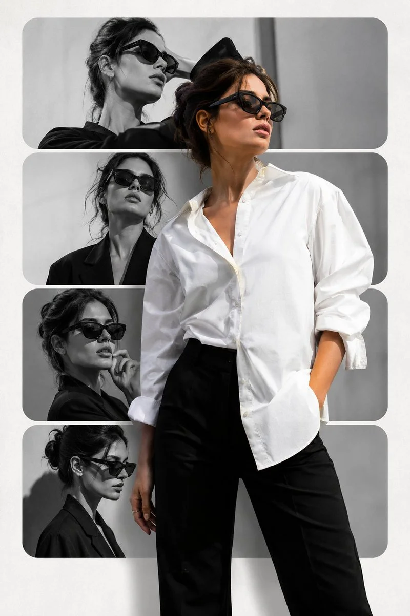 A stylish woman poses in monochrome panels before her color portrait