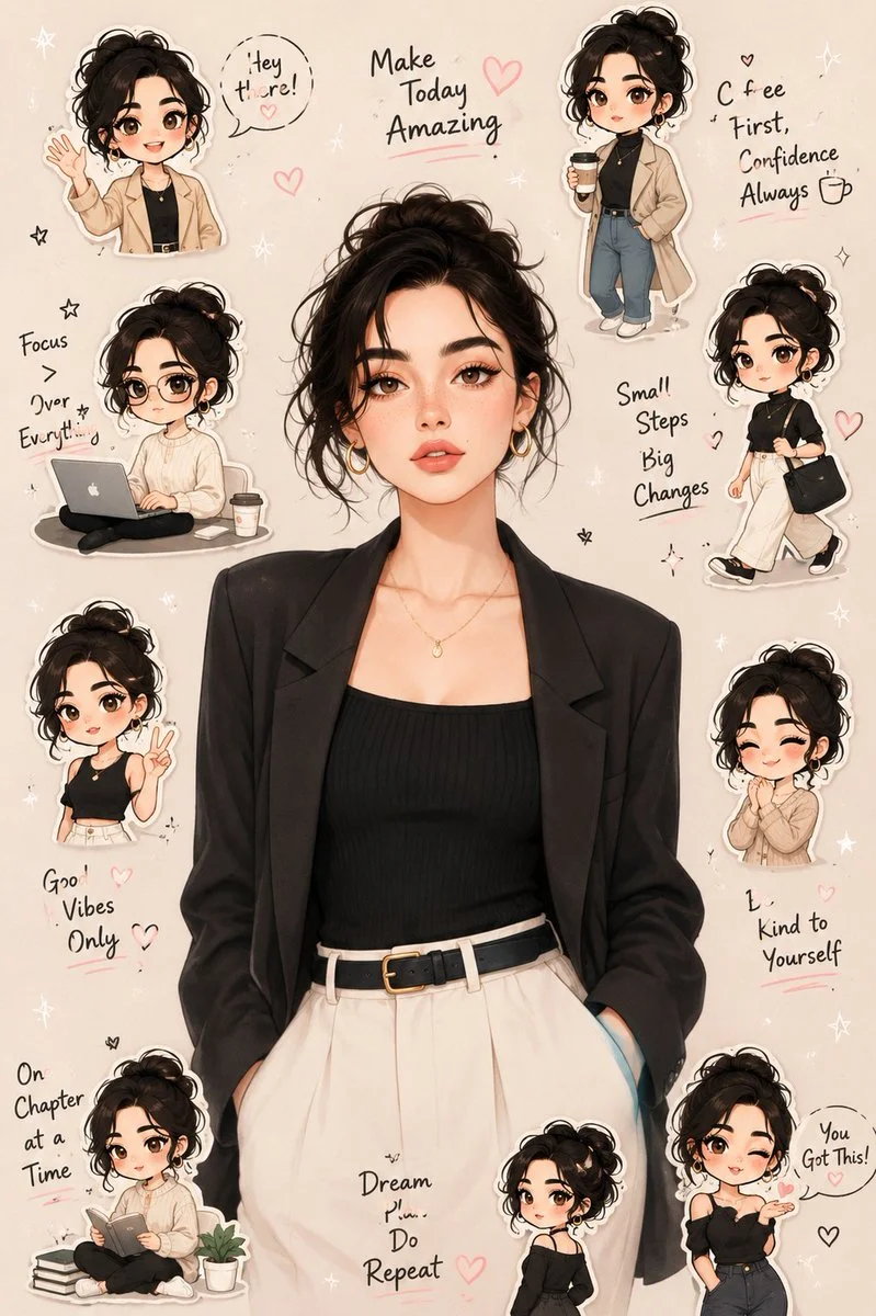 A stylish woman poses with cute chibi stickers in pastel tones