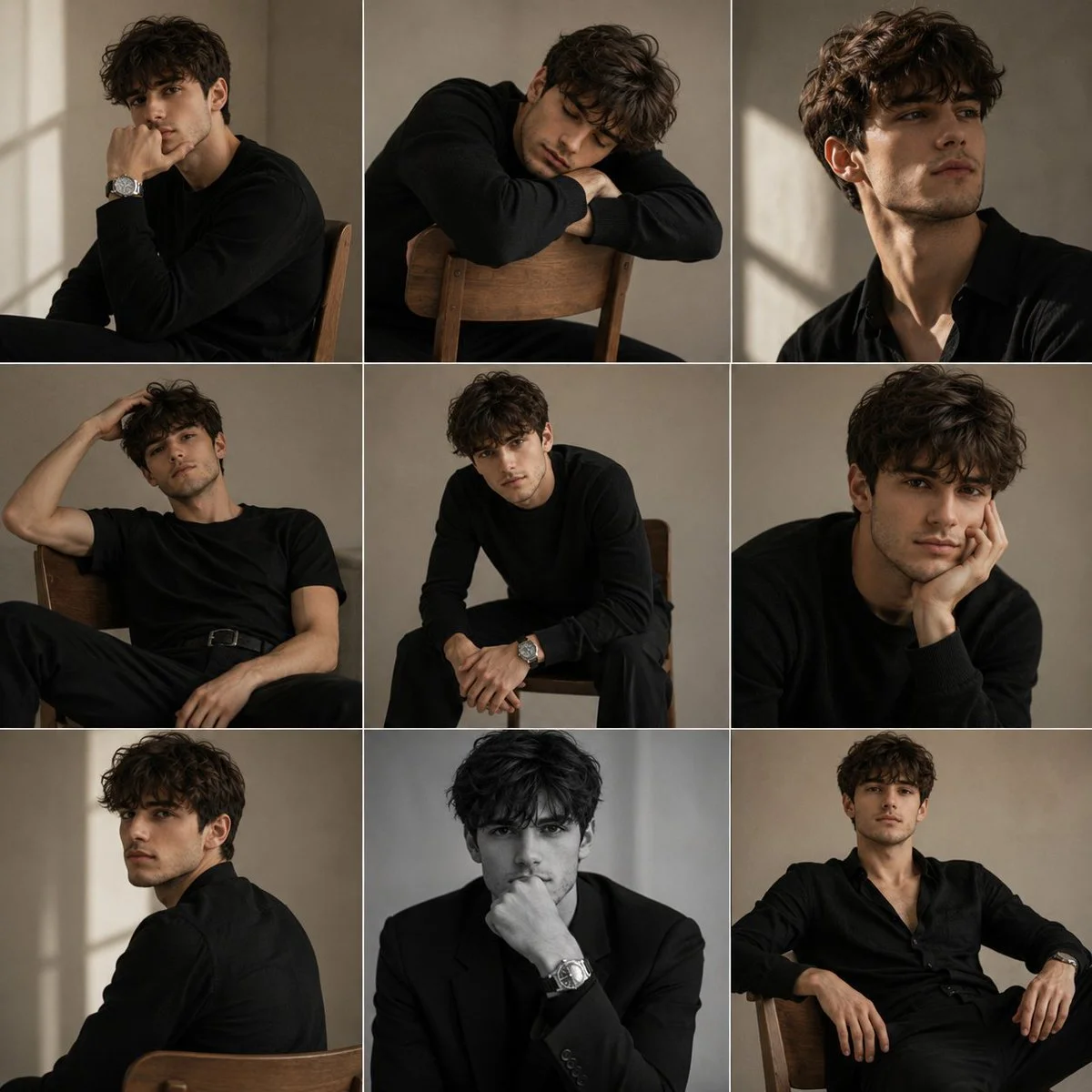 A stylish young man poses in nine minimalist studio portraits