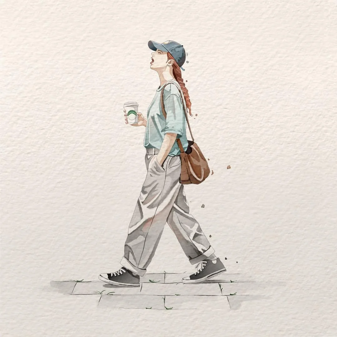 A stylish young woman walks confidently with coffee in hand.