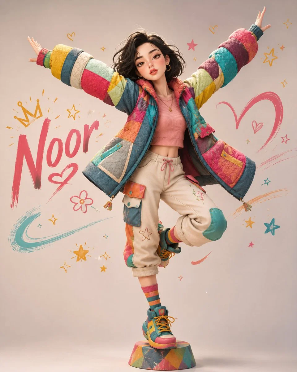 A stylized cartoon girl balances in colorful streetwear with playful doodles