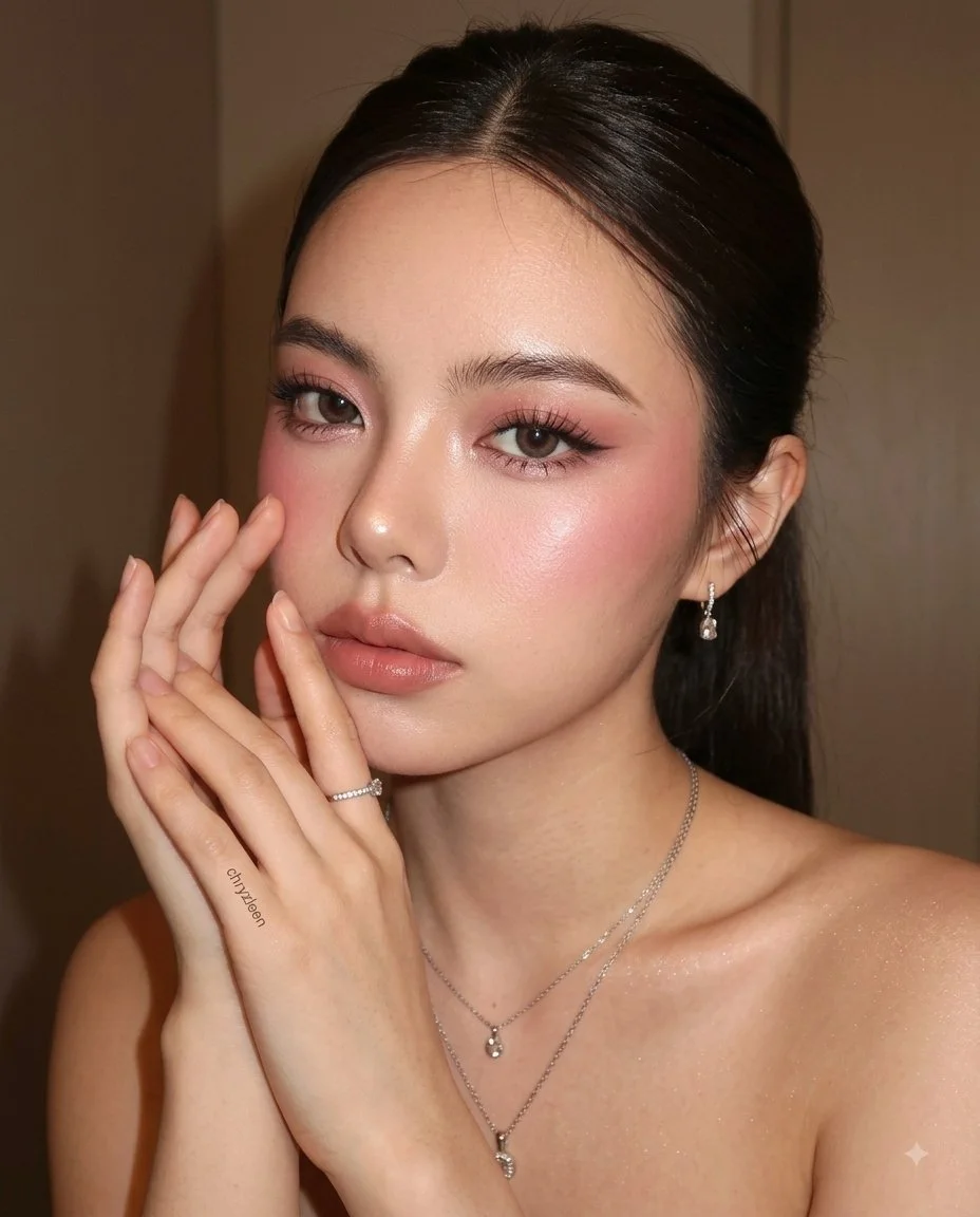 A sultry close-up portrait with hands framing a rose-nude smile