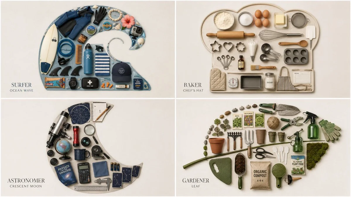 A surfer's knolling flat-lay forms a wave silhouette with beach gear