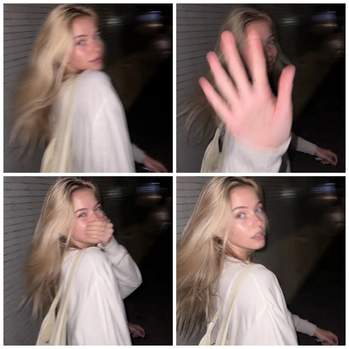 A surprised woman turns back while walking on a dark Tokyo street